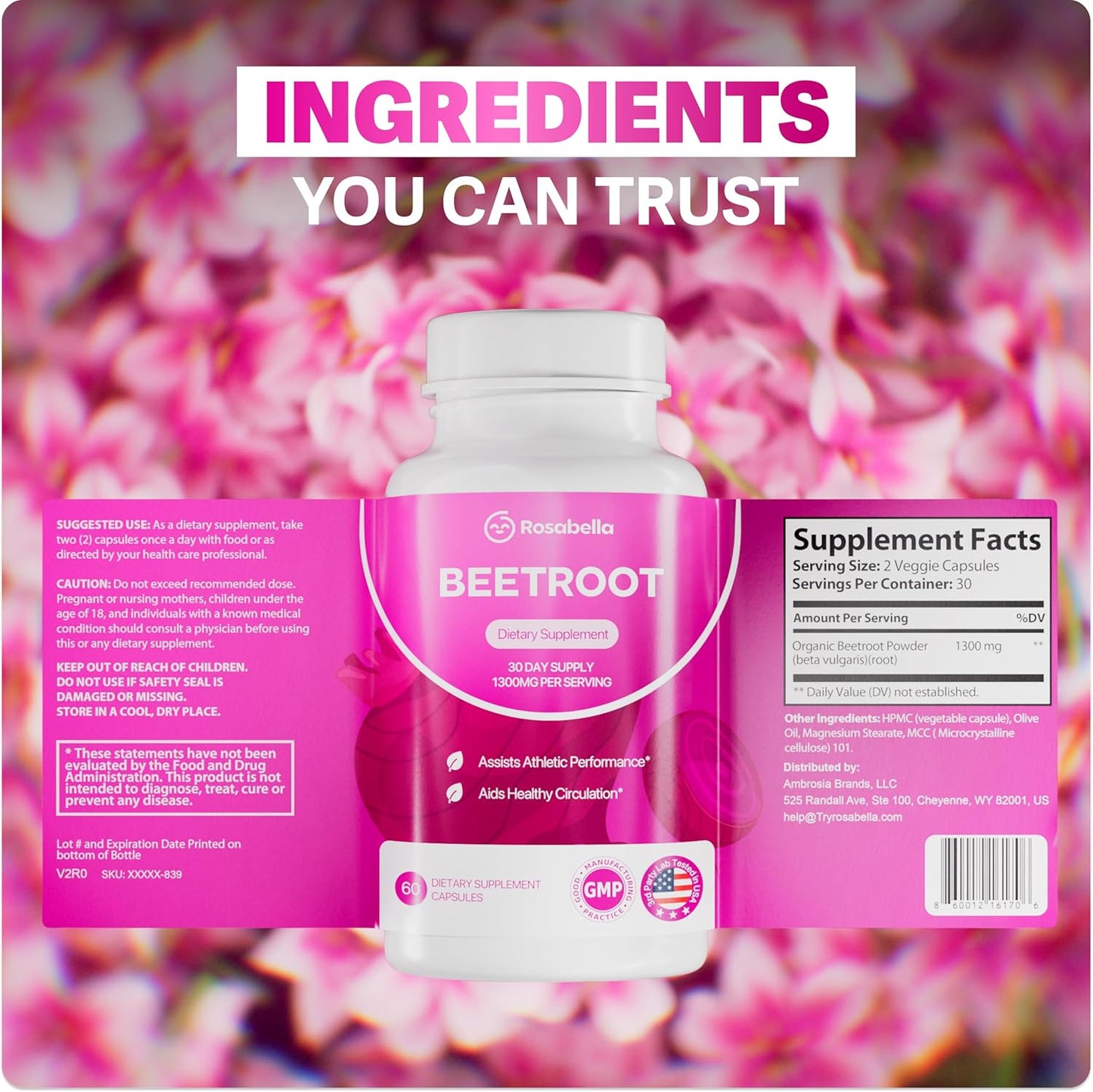 ROSABELLA ORGANIC BEET ROOT CAPSULES- 130OMG BEET RO0T POWDER AIDSHEALTHY CIRCULATION & VITALITY, NON-GMO, BEET ROOT SUPPLEMENT