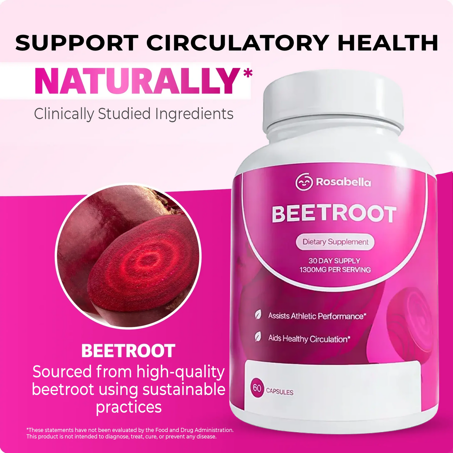 ROSABELLA ORGANIC BEET ROOT CAPSULES- 130OMG BEET RO0T POWDER AIDSHEALTHY CIRCULATION & VITALITY, NON-GMO, BEET ROOT SUPPLEMENT
